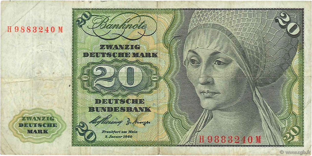 20 Deutsche Mark GERMAN FEDERAL REPUBLIC  1960 P.20a q.BB