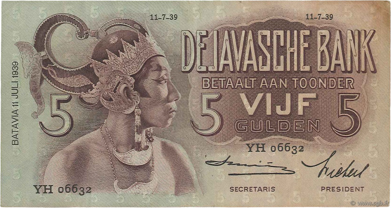 5 Gulden INDIE OLANDESI  1939 P.078c q.SPL