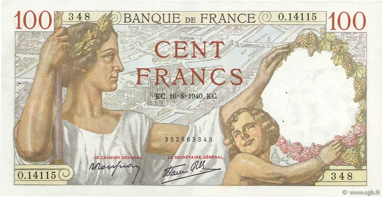 100 Francs SULLY FRANCE  1940 F.26.36 XF+
