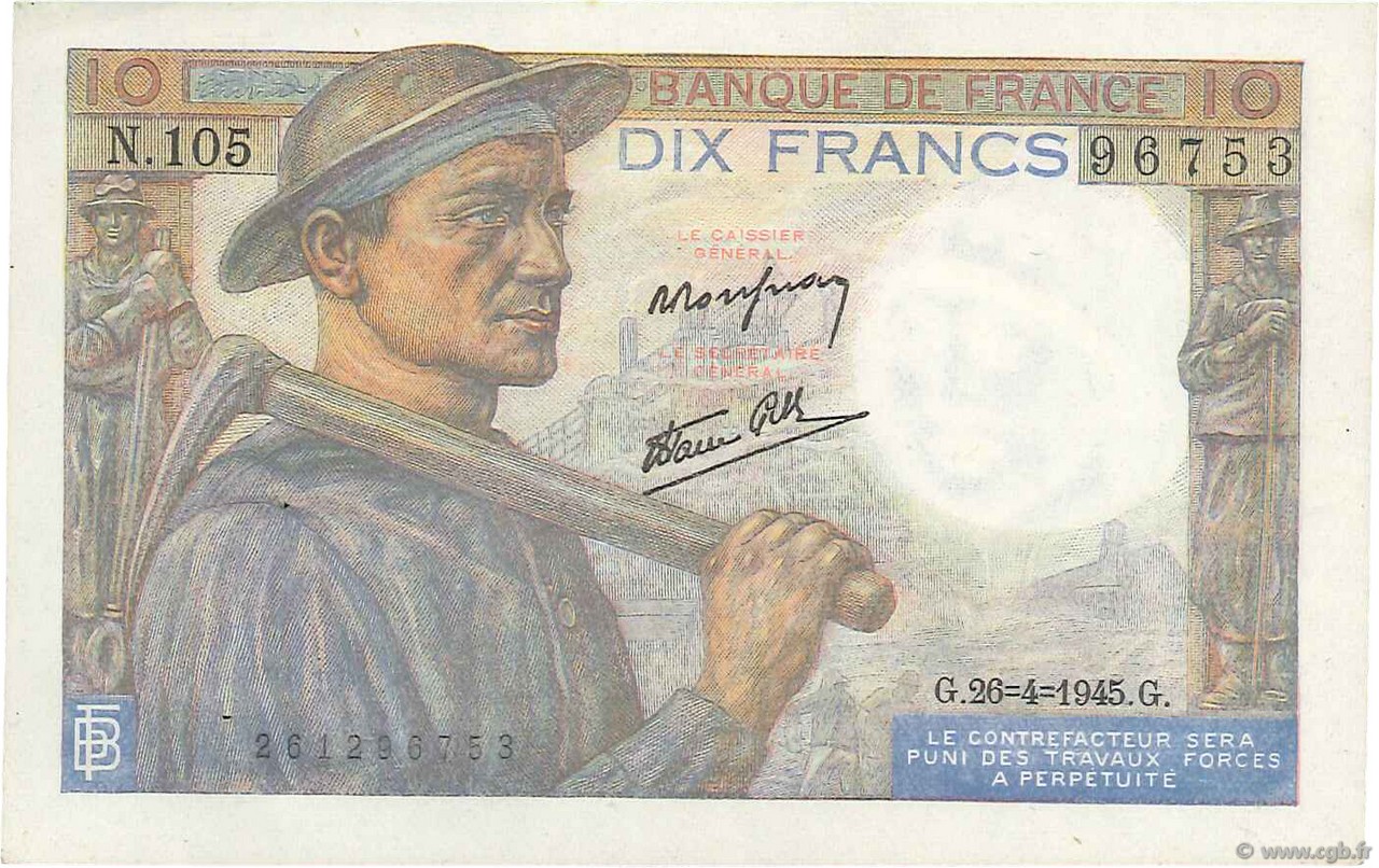 10 Francs MINEUR FRANCE  1945 F.08.14 pr.SPL