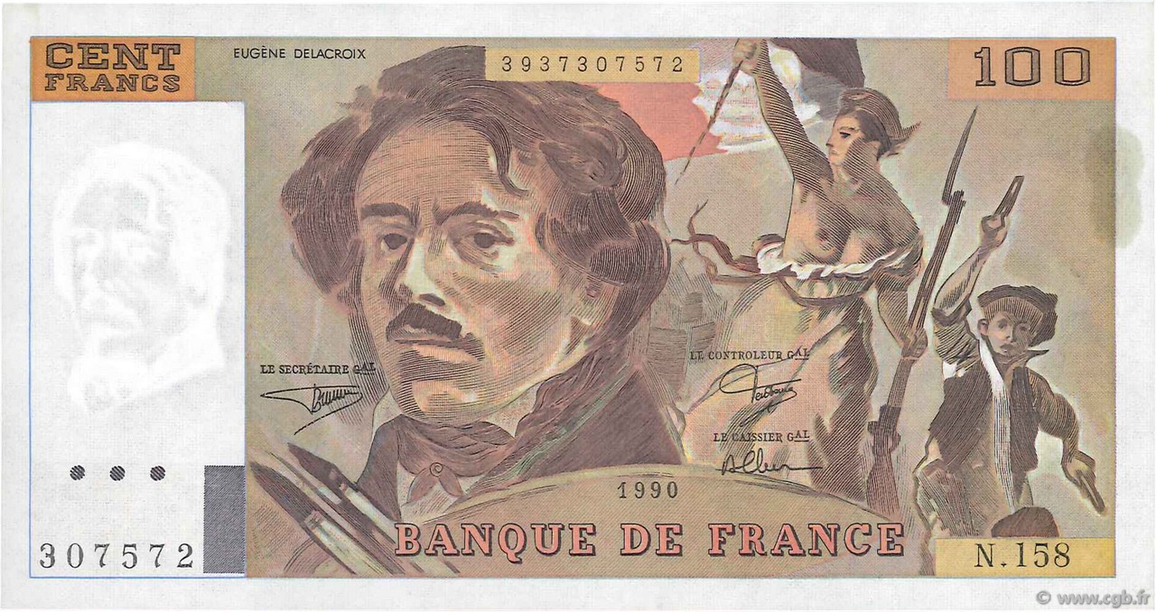 100 Francs DELACROIX imprimé en continu FRANKREICH  1990 F.69bis.02b VZ to fST