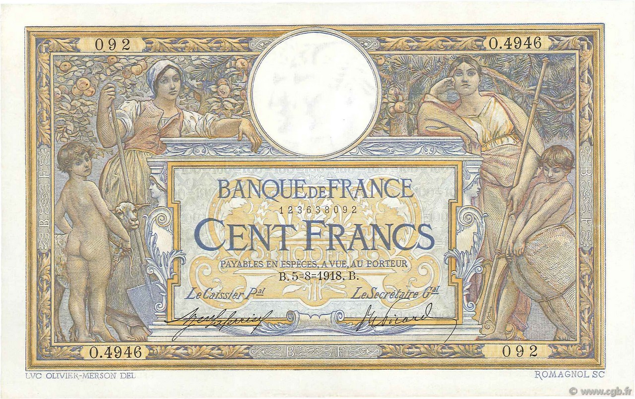 100 Francs LUC OLIVIER MERSON sans LOM FRANCE  1918 F.23.10 XF