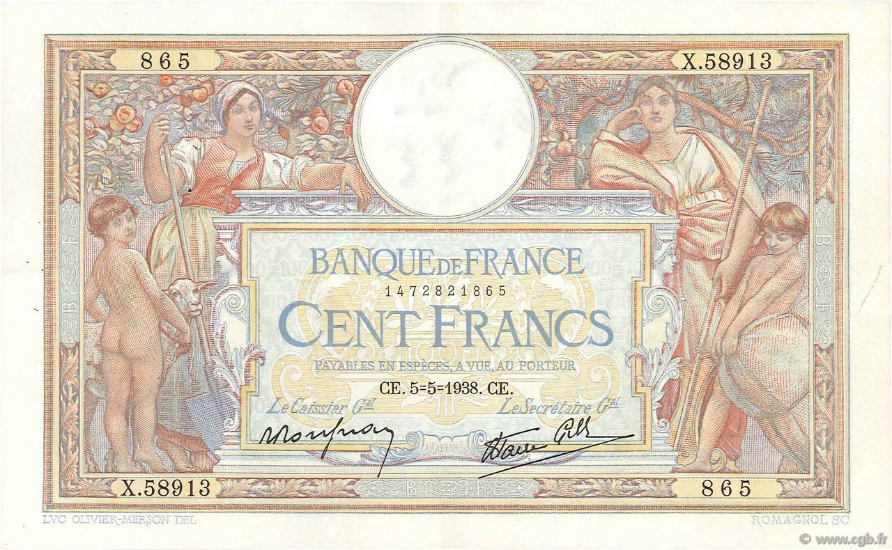 100 Francs LUC OLIVIER MERSON type modifié FRANCE  1938 F.25.17 SUP