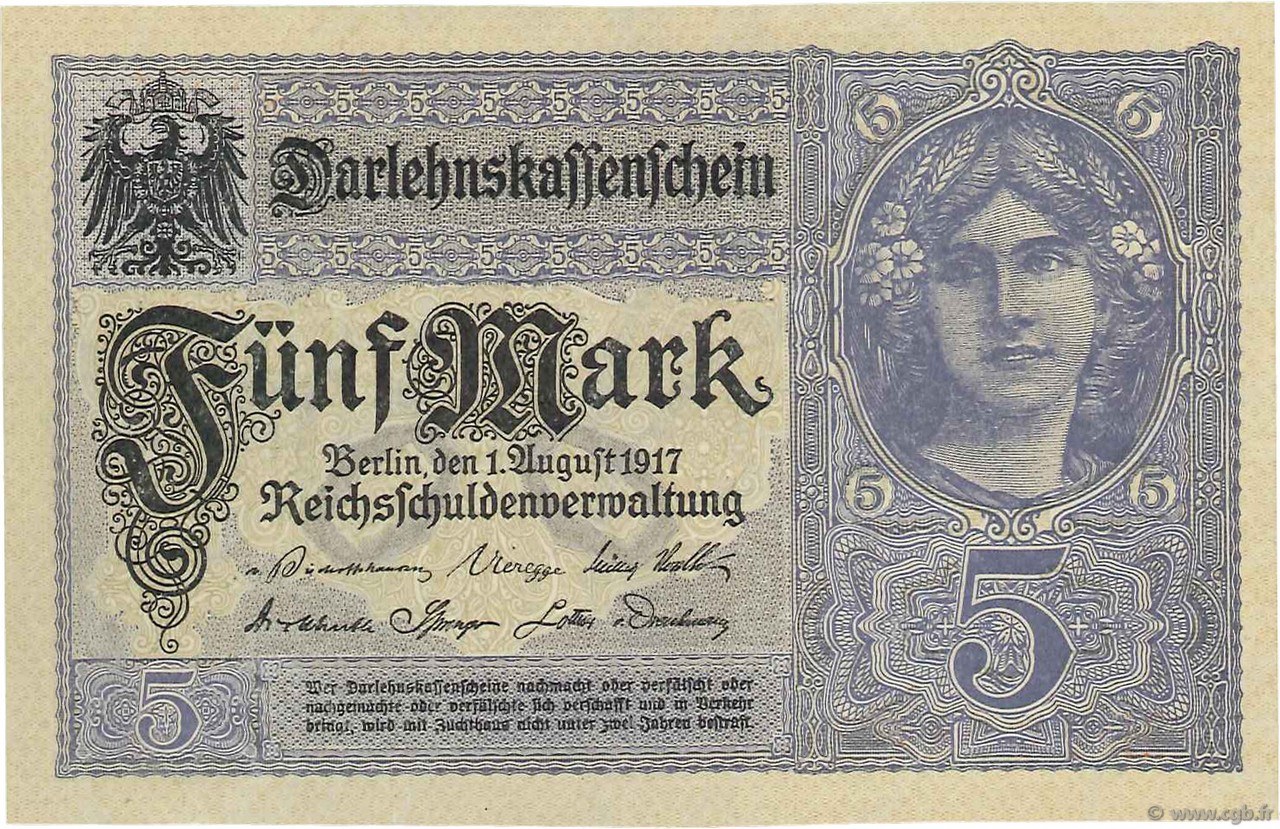 5 Mark GERMANIA  1917 P.056b q.FDC