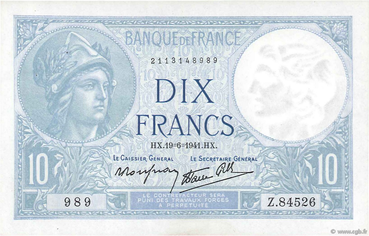 10 Francs MINERVE modifié FRANKREICH  1941 F.07.29 fST