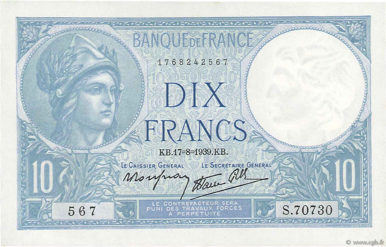 10 Francs MINERVE modifié FRANCE  1939 F.07.05 SPL+