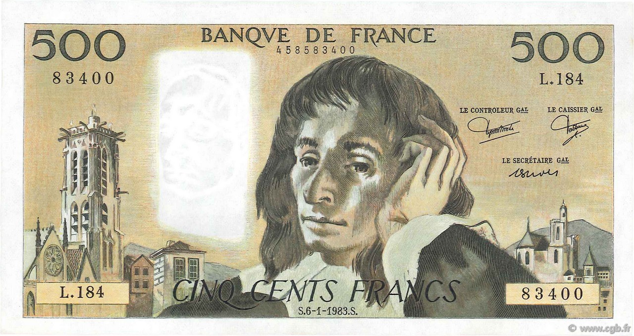 500 Francs PASCAL FRANCE  1983 F.71.28 AU+