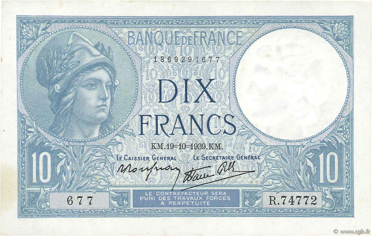 10 Francs MINERVE modifié FRANKREICH  1939 F.07.12 fST