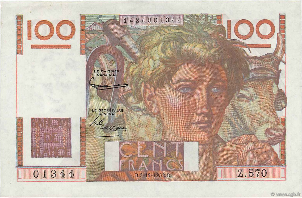 100 Francs JEUNE PAYSAN FRANCE  1953 F.28.40 XF+