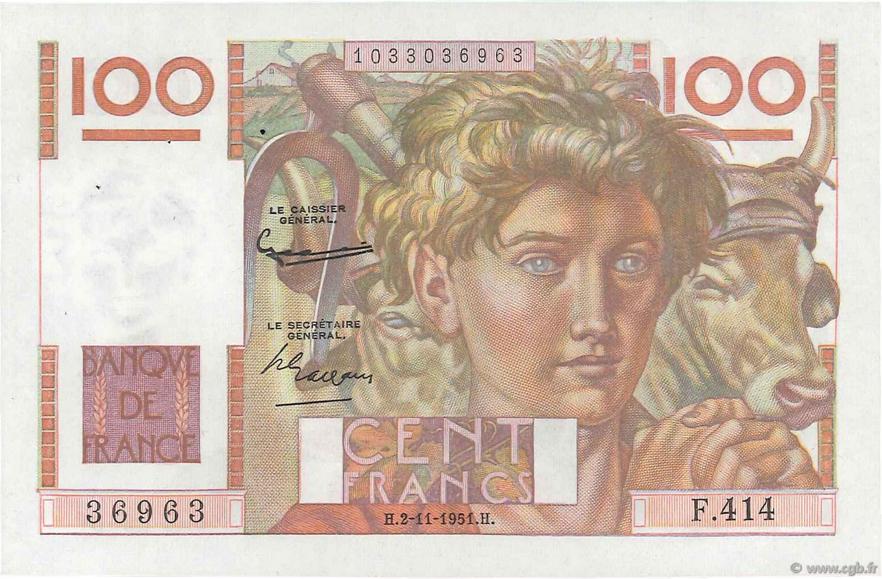 100 Francs JEUNE PAYSAN FRANCIA  1951 F.28.30 SPL+