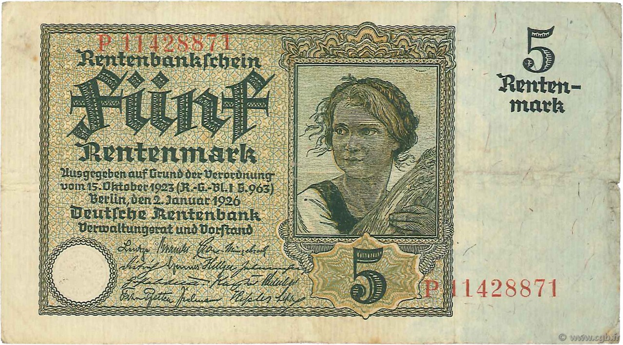 5 Rentenmark ALLEMAGNE  1926 P.169 TTB