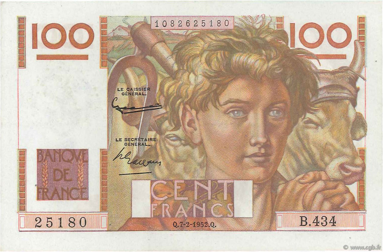 100 Francs JEUNE PAYSAN FRANCIA  1952 F.28.31 q.AU