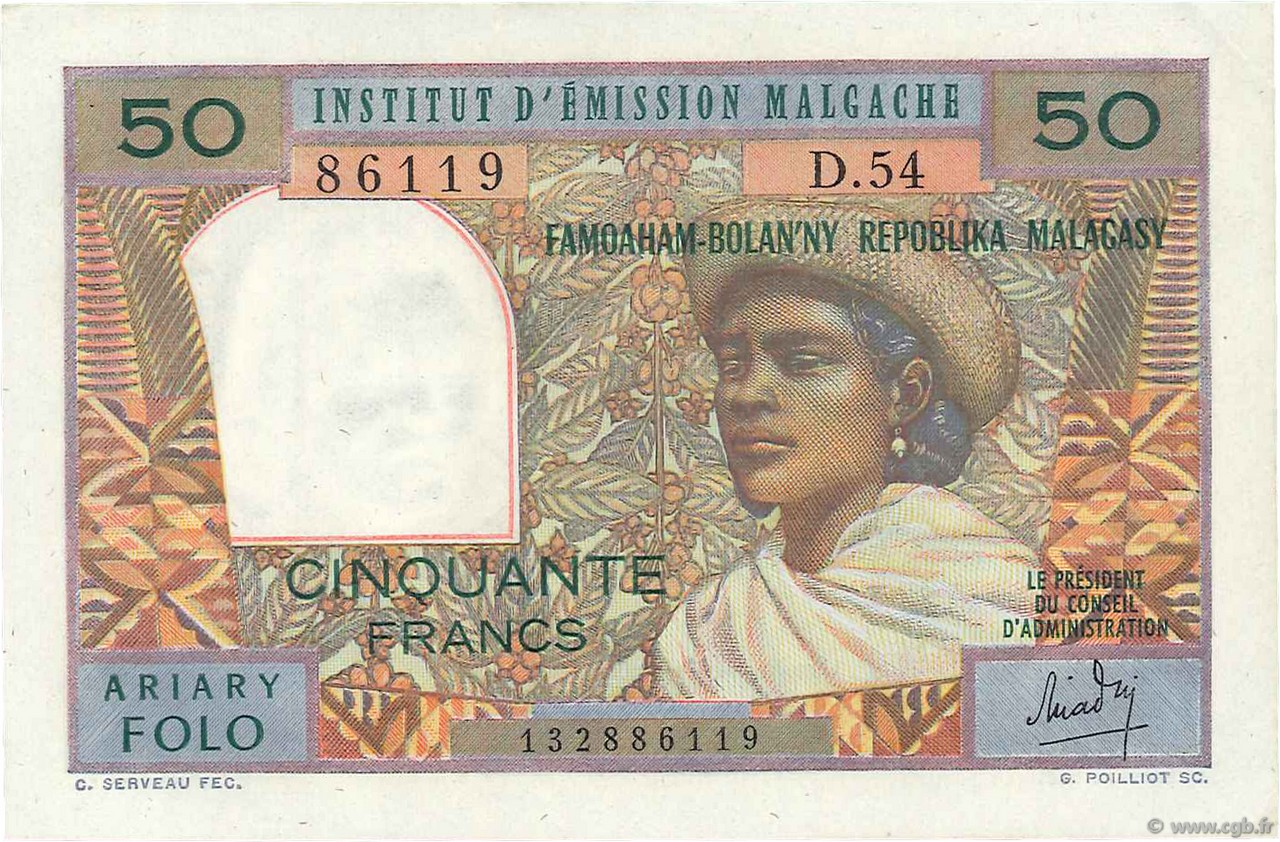 50 Francs - 10 Ariary MADAGASCAR  1962 P.061 EBC+