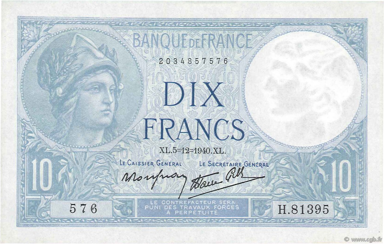 10 Francs MINERVE modifié FRANCIA  1940 F.07.23 AU+