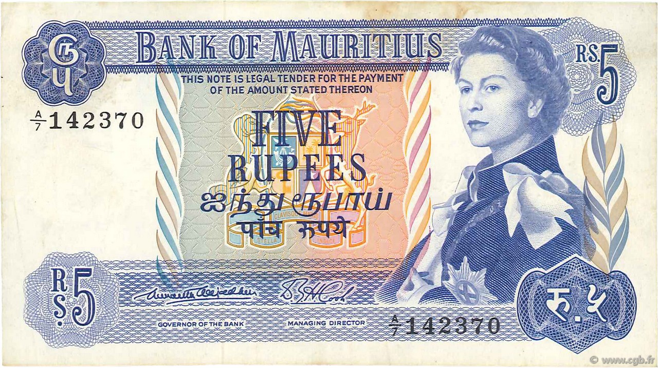 5 Rupees MAURITIUS  1967 P.30a VF