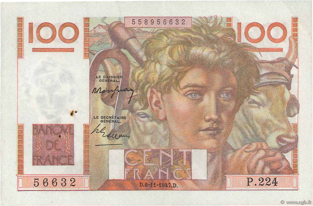 100 Francs JEUNE PAYSAN FRANCE  1947 F.28.16 XF-