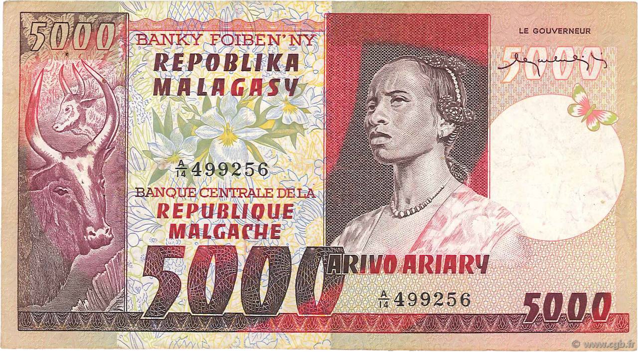 5000 Francs - 1000 Ariary MADAGASCAR  1974 P.066a MBC