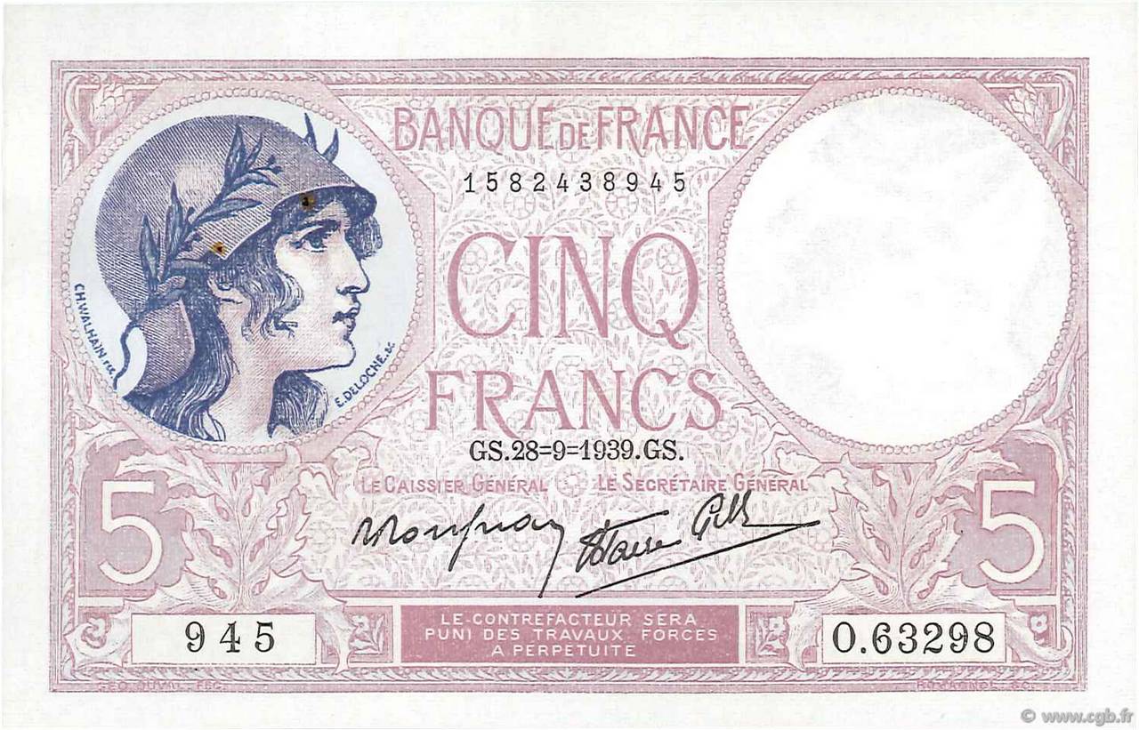 5 Francs FEMME CASQUÉE modifié FRANCE  1939 F.04.10 XF - AU