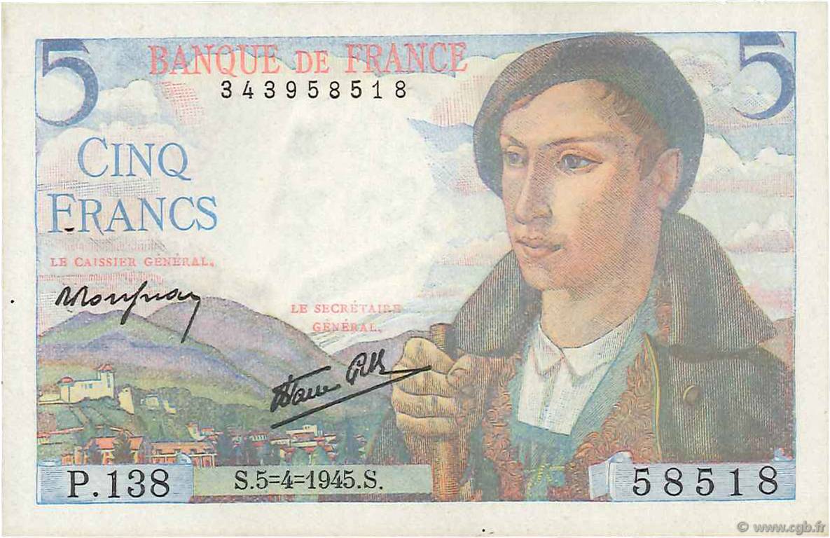 5 Francs BERGER FRANCE  1945 F.05.06 XF+