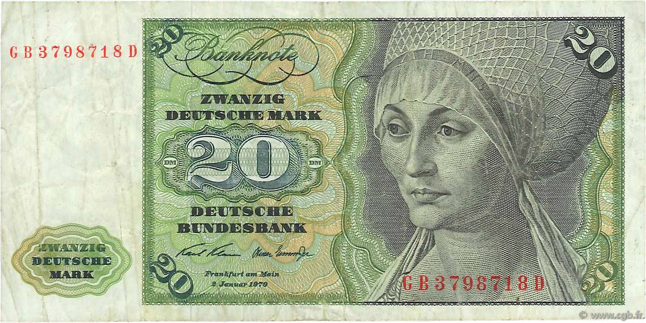 20 Deutsche Mark GERMAN FEDERAL REPUBLIC  1970 P.32a q.BB