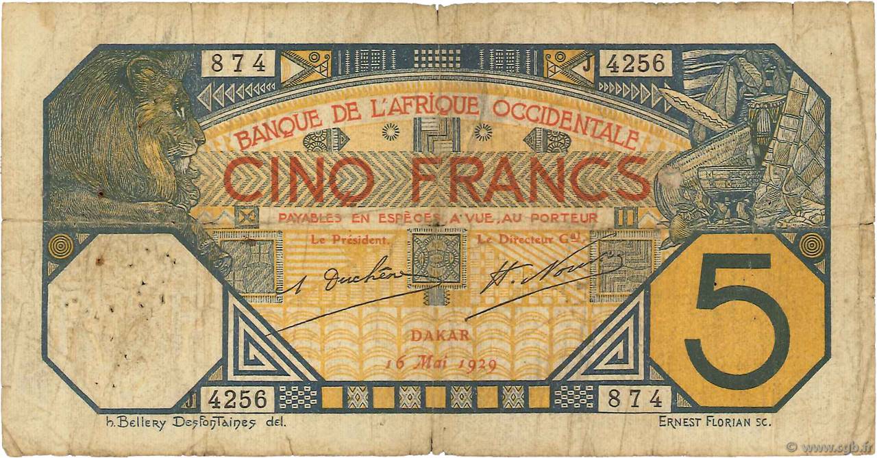 5 Francs DAKAR FRENCH WEST AFRICA Dakar 1929 P.05Be F