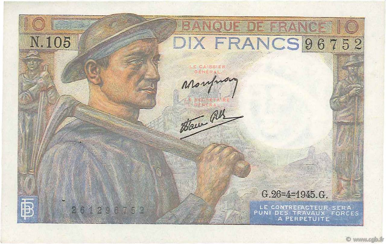 10 Francs MINEUR FRANKREICH  1945 F.08.14 fST