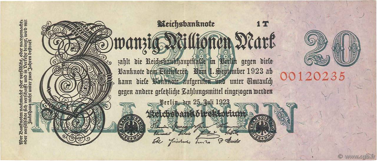 20 Millions Mark GERMANY  1923 P.097b XF-