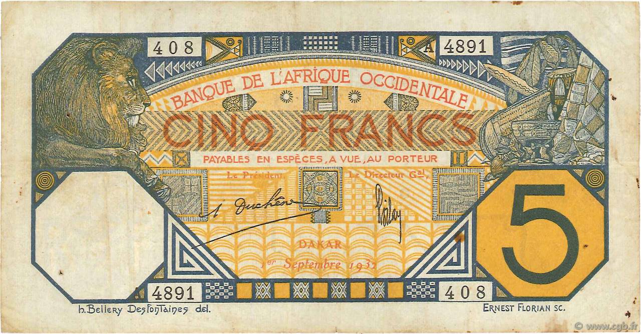 5 Francs DAKAR FRENCH WEST AFRICA Dakar 1932 P.05Bf q.BB