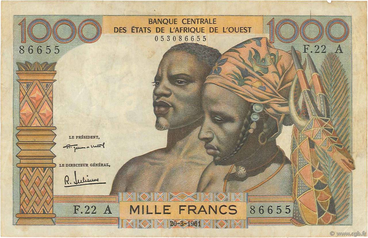 1000 Francs STATI AMERICANI AFRICANI  1961 P.103Ab MB