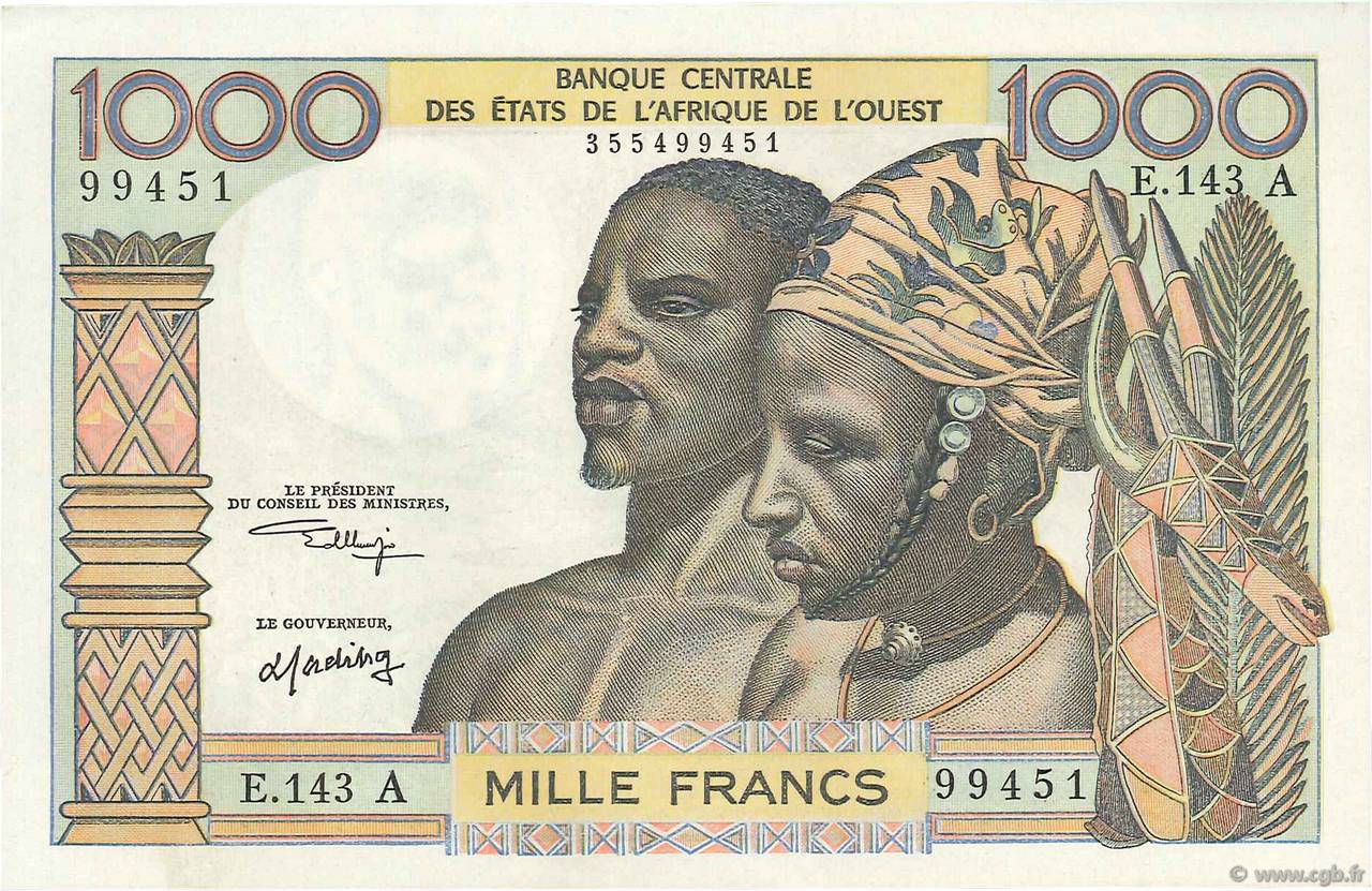1000 Francs STATI AMERICANI AFRICANI  1973 P.103Ak q.FDC