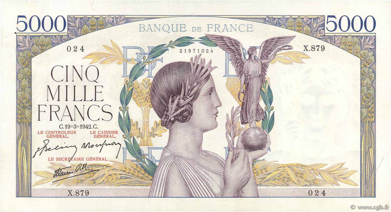 5000 Francs VICTOIRE Impression à plat FRANCIA  1942 F.46.35 EBC a SC