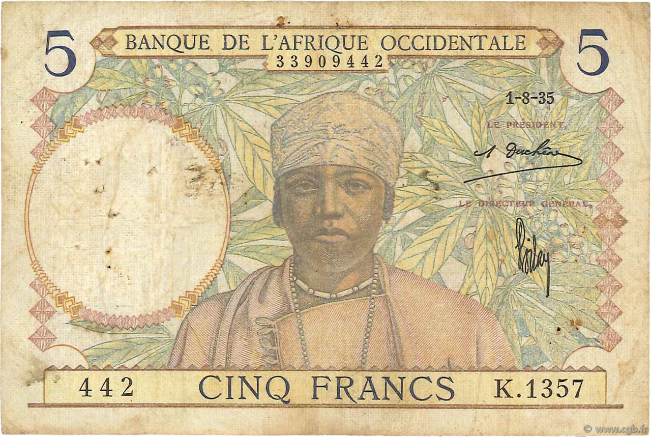 5 Francs FRENCH WEST AFRICA  1935 P.21 F