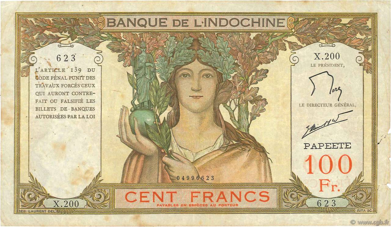 100 Francs TAHITI  1961 P.14d BC
