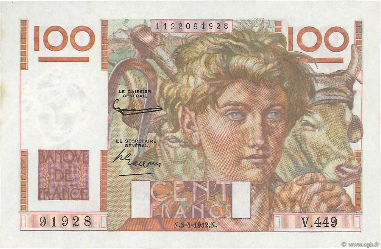 100 Francs JEUNE PAYSAN FRANCE  1952 F.28.32 SUP+