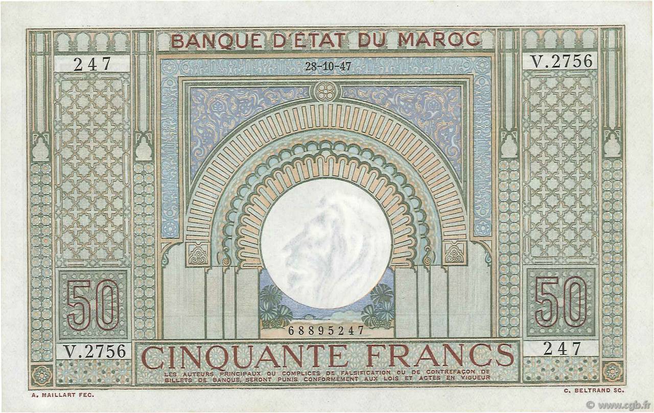 50 Francs MOROCCO  1947 P.21 AU+