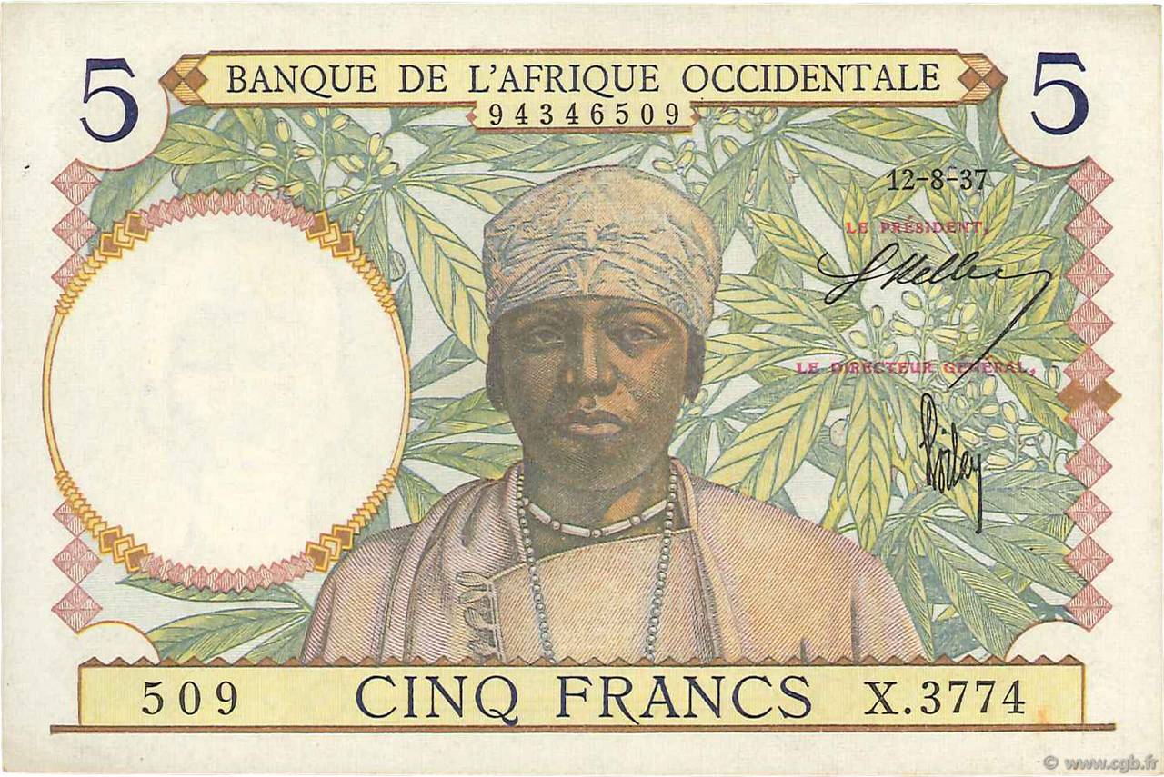 5 Francs FRENCH WEST AFRICA  1937 P.21 AU