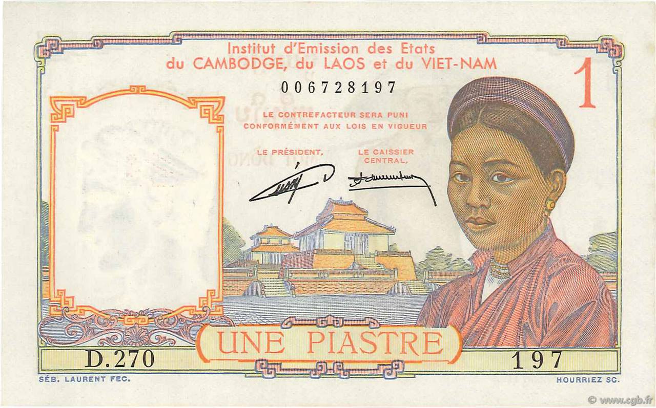 1 Piastre INDOCINA FRANCESE  1953 P.092 q.FDC