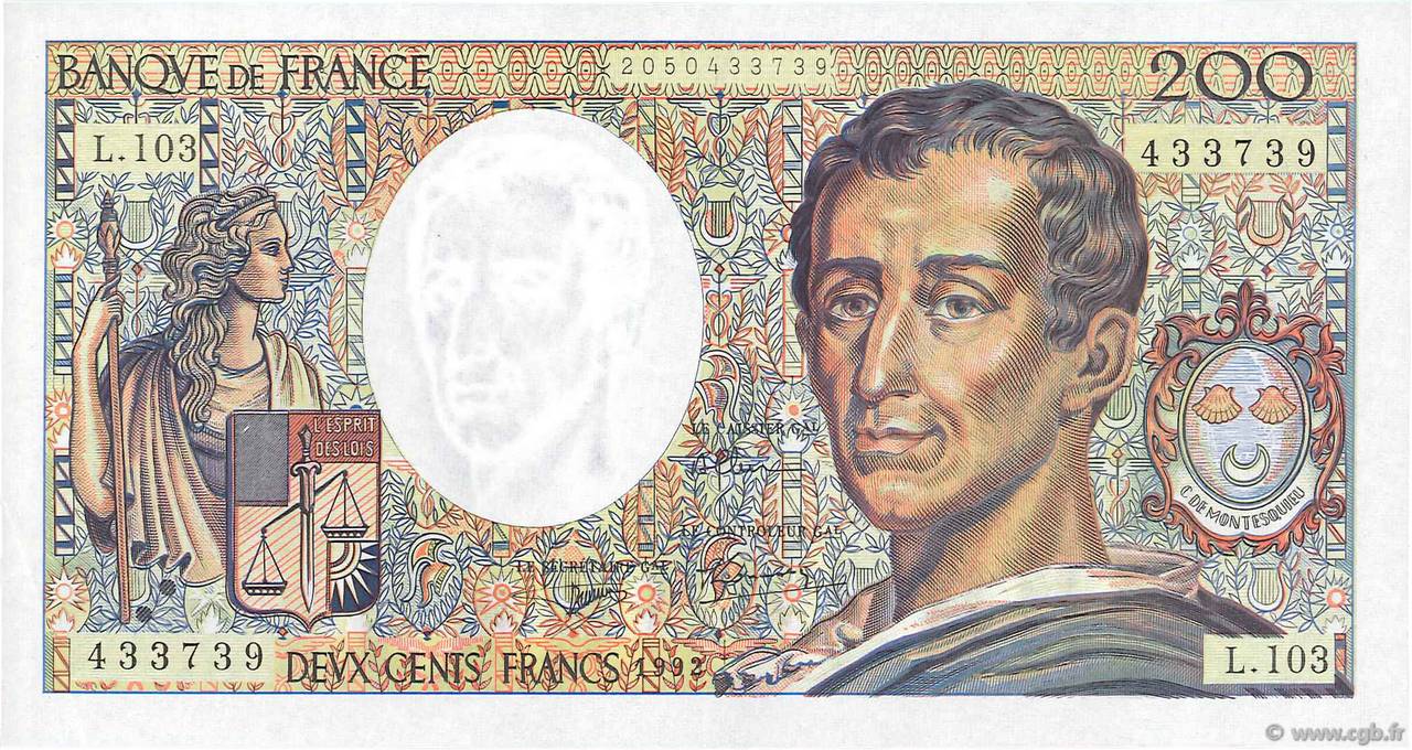 200 Francs MONTESQUIEU FRANCE  1992 F.70.12a AU+