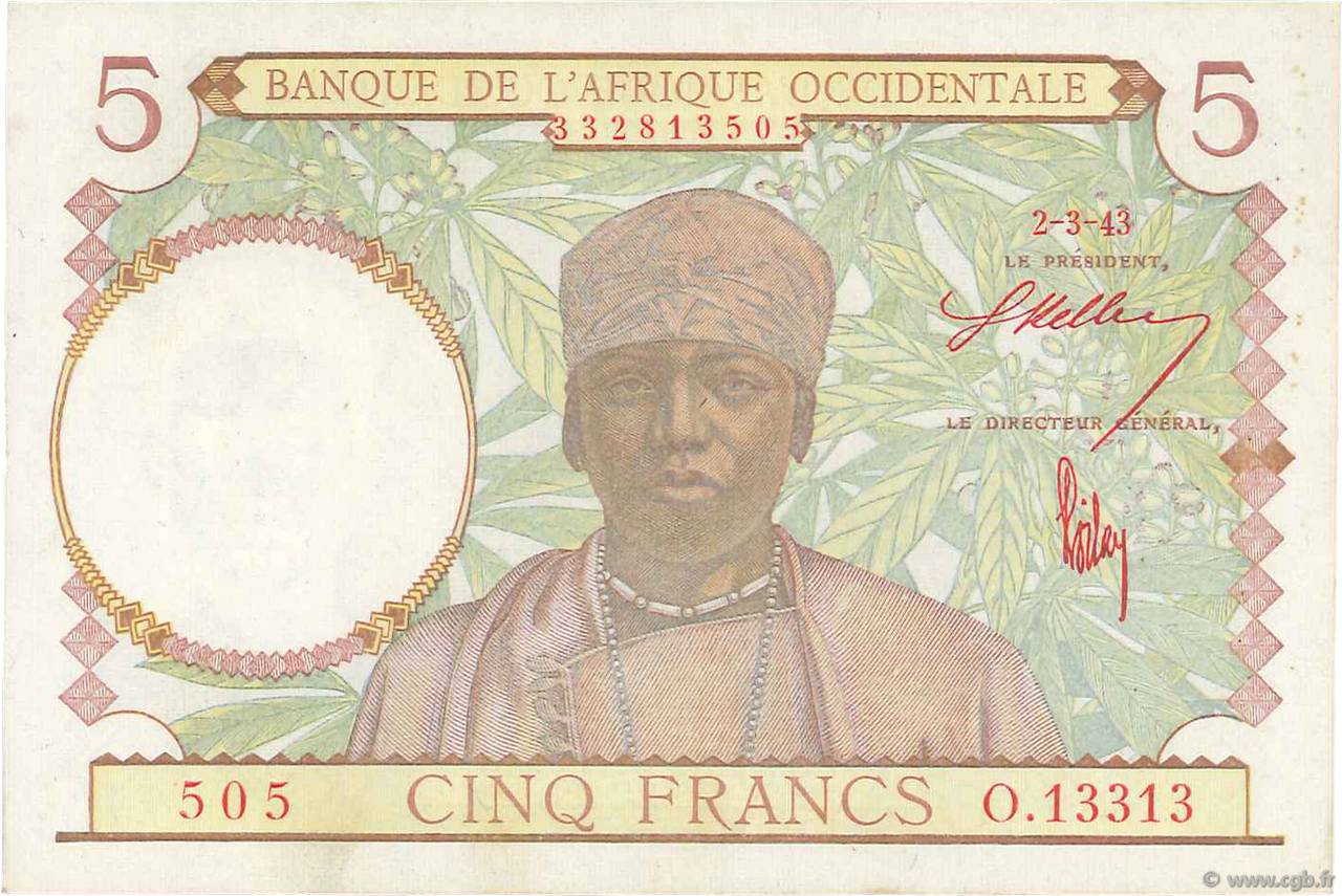 5 Francs FRENCH WEST AFRICA  1943 P.26 UNC-