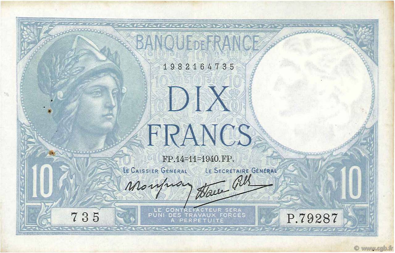 10 Francs MINERVE modifié FRANCE  1940 F.07.20 VF+