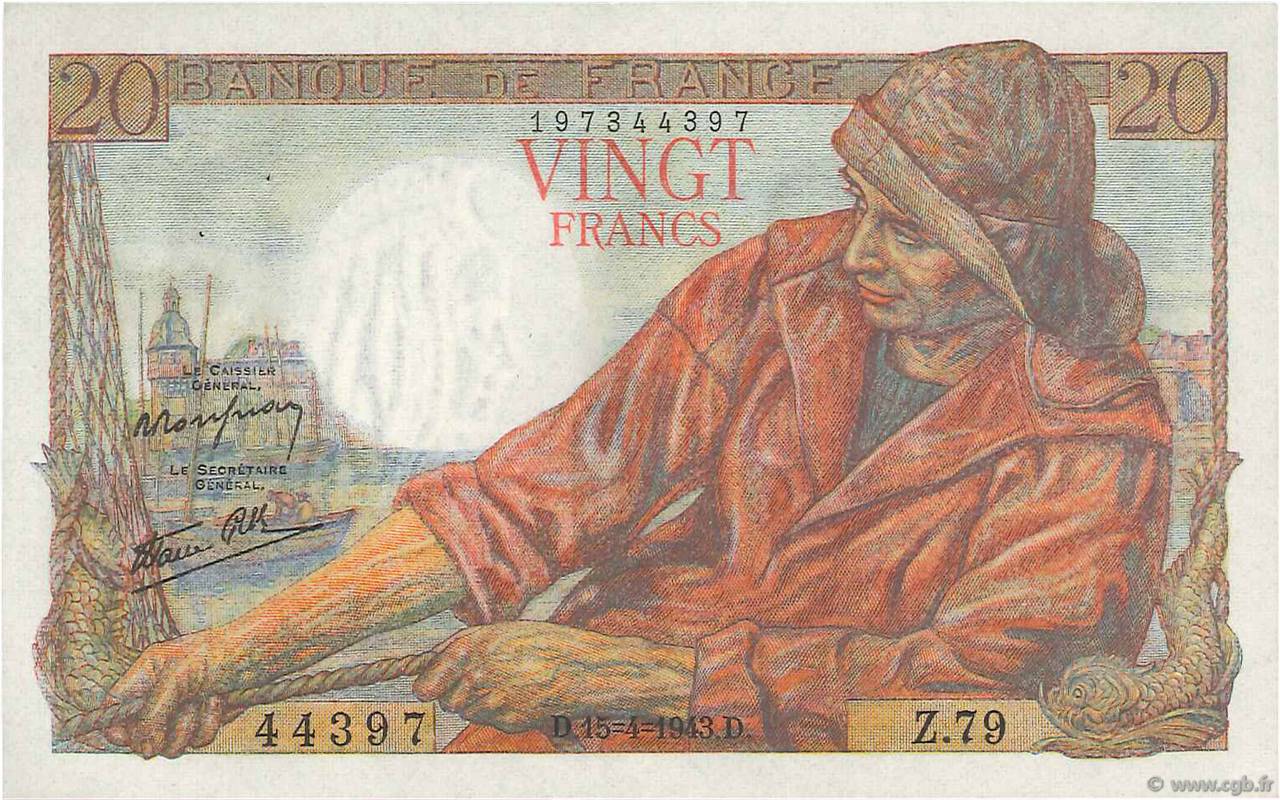 20 Francs PÊCHEUR FRANCIA  1943 F.13.06 AU