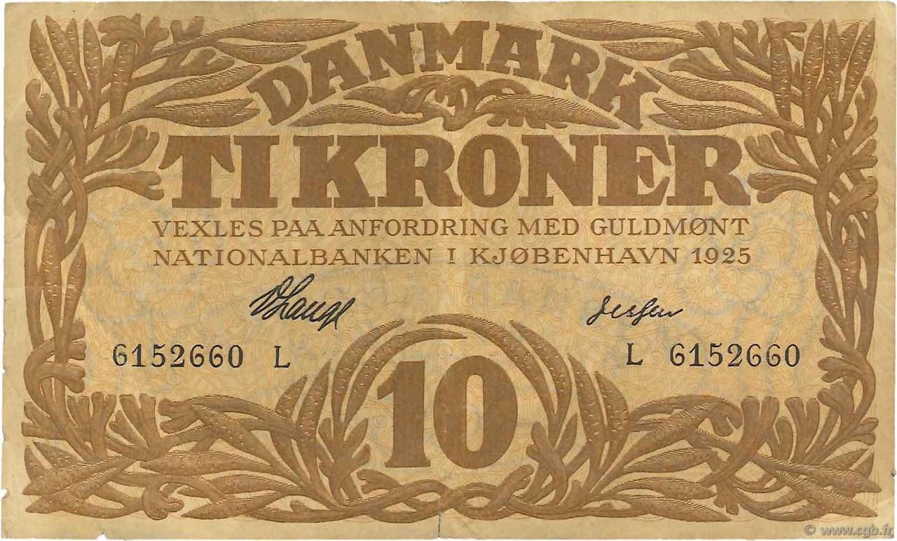 10 Kroner DINAMARCA  1925 P.021u q.BB