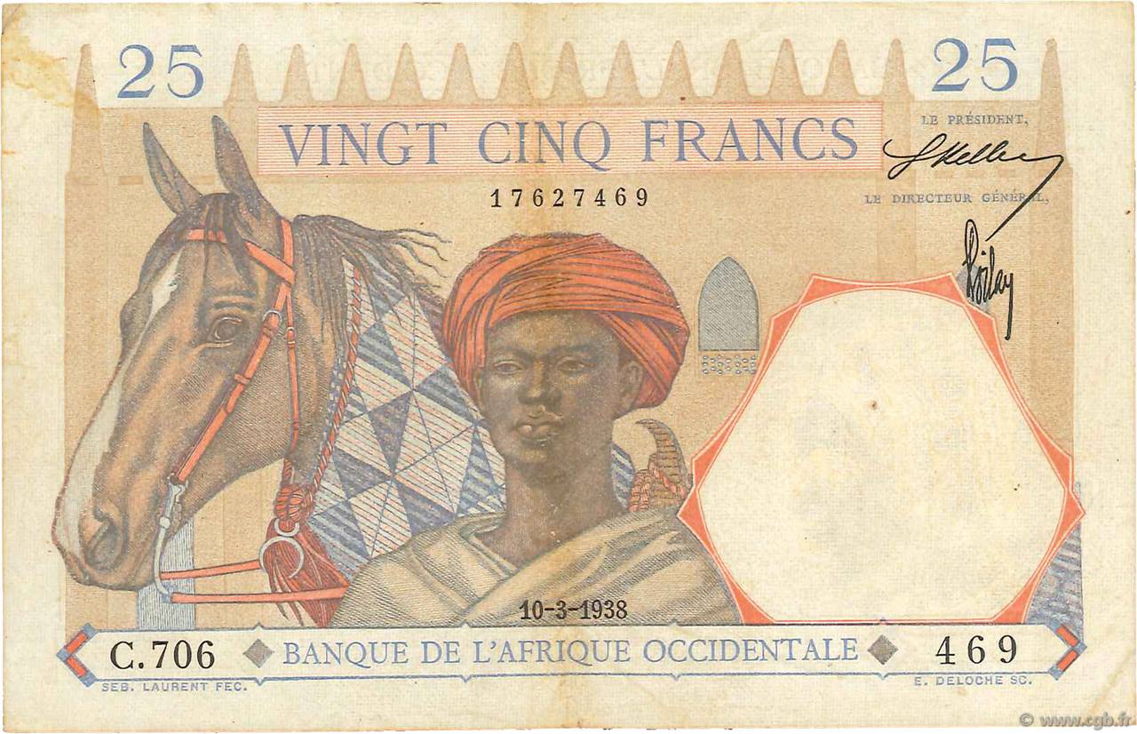 25 Francs FRENCH WEST AFRICA  1938 P.22 SS