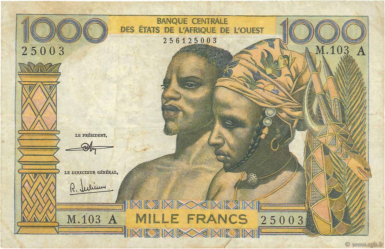 1000 Francs ESTADOS DEL OESTE AFRICANO  1972 P.103Ai BC+