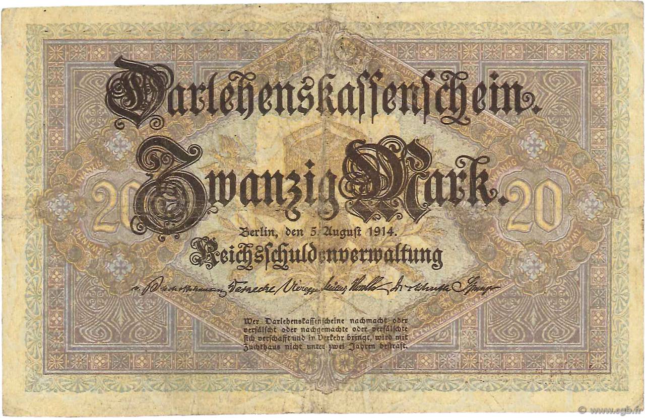 20 Mark GERMANY  1914 P.048b VF