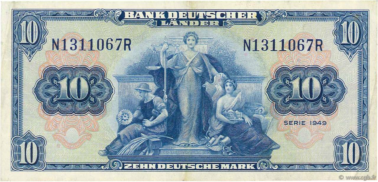 10 Deutsche Mark GERMAN FEDERAL REPUBLIC  1949 P.16a XF