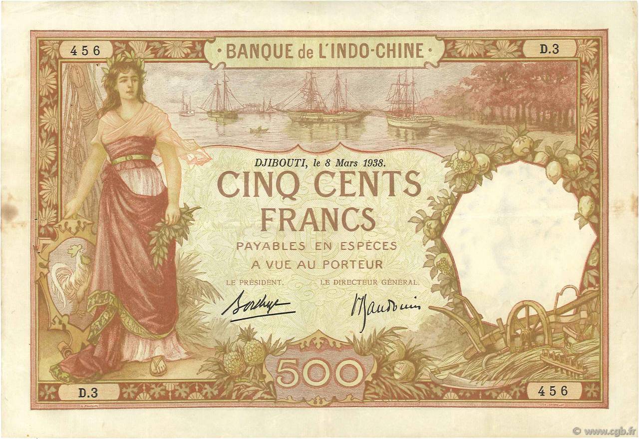 500 Francs DJIBOUTI  1938 P.09b TTB+