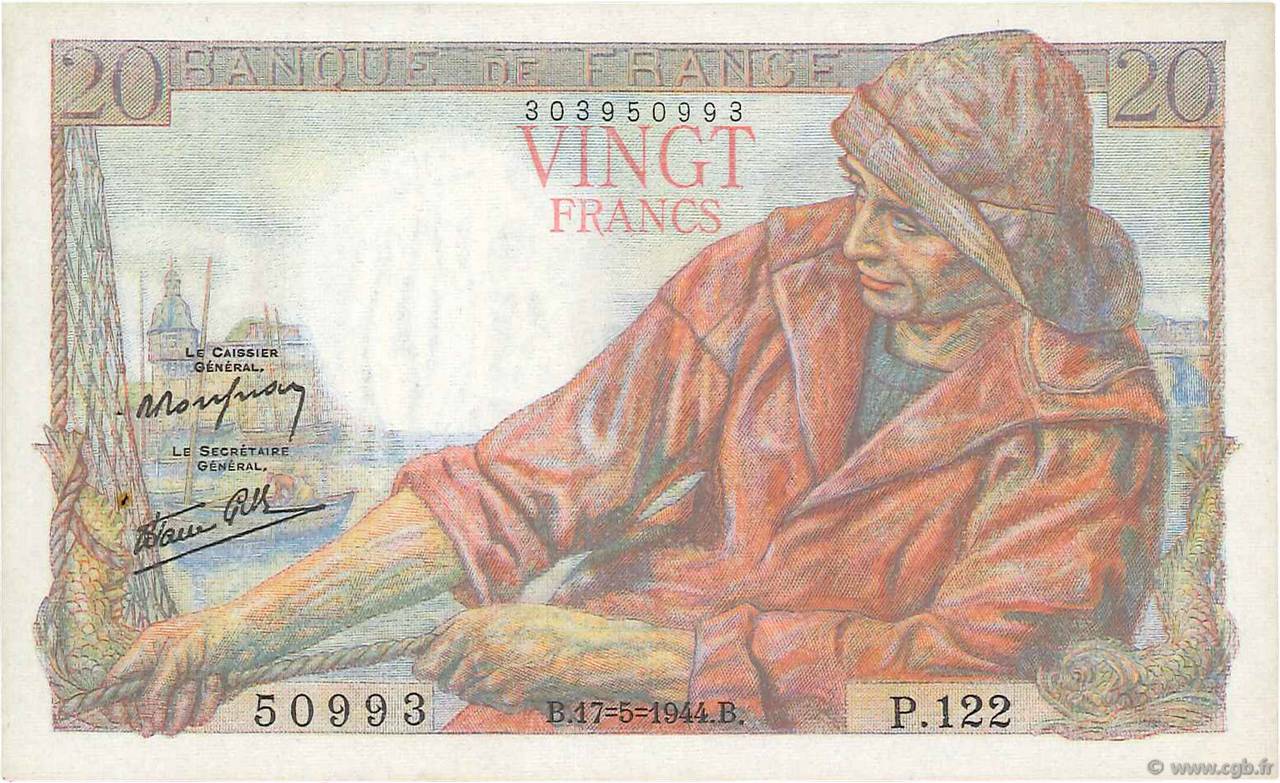20 Francs PÊCHEUR FRANKREICH  1944 F.13.09 VZ to fST