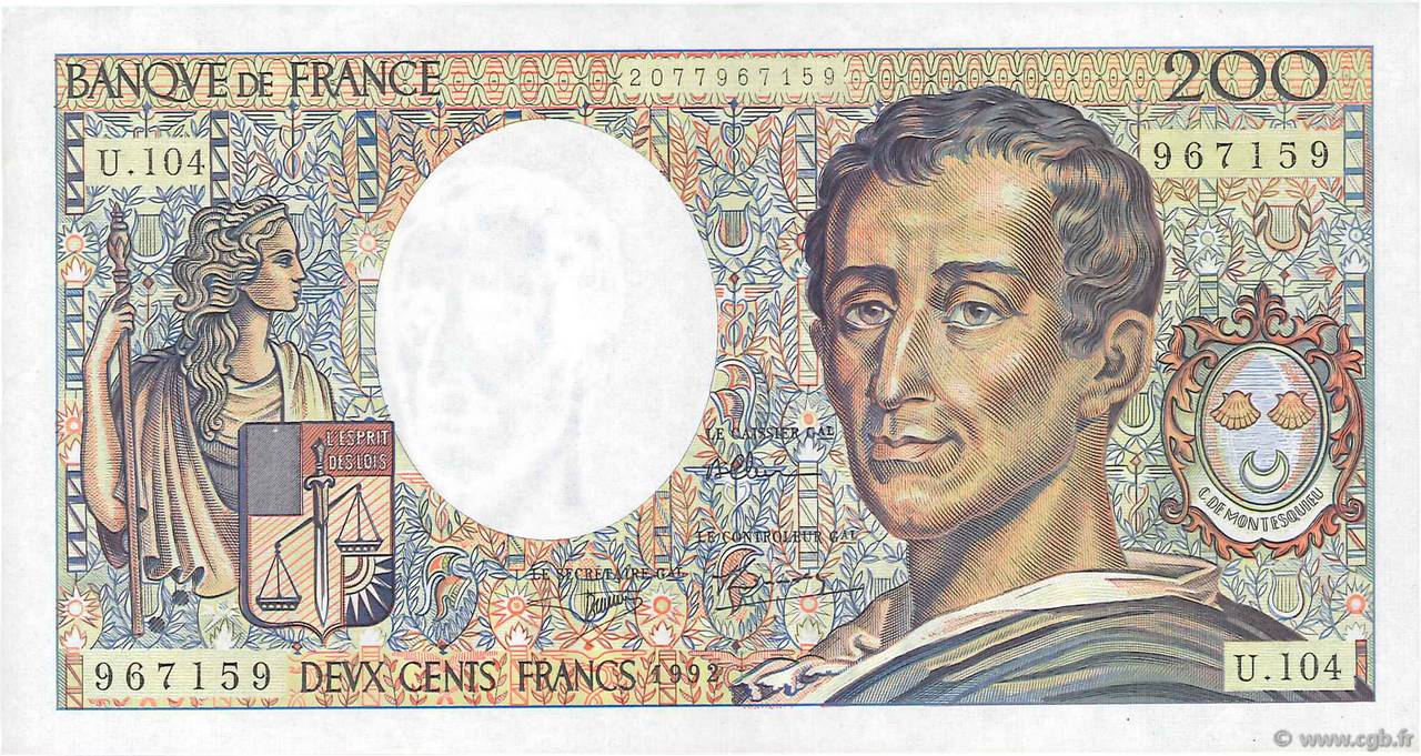 200 Francs MONTESQUIEU FRANCE  1992 F.70.12a AU