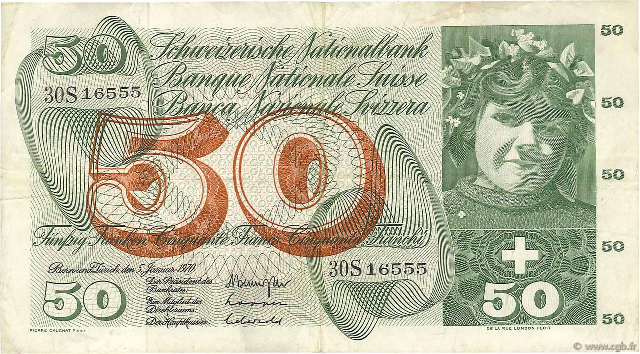 50 Francs SUISSE  1970 P.48j SS